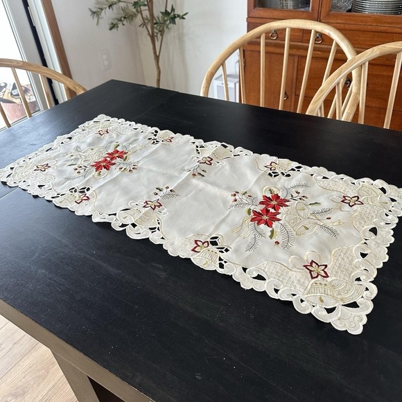 The Unbranded Brand Other - VTG New Poinsettia Cutwork‎ Table Piece Cream Rectangle Christmas Centerpiece